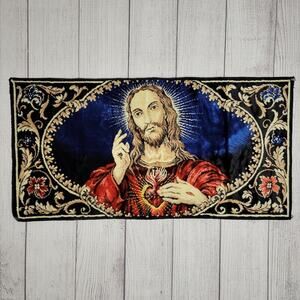 Vintage Jesus Sacred Heart Carpet Tapestry Wall Hanging, 19x38